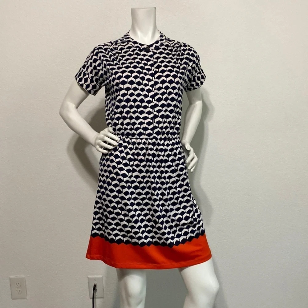 Julie Brown Short Sleeve A-Line Dress Blue White Retro Print Size 0